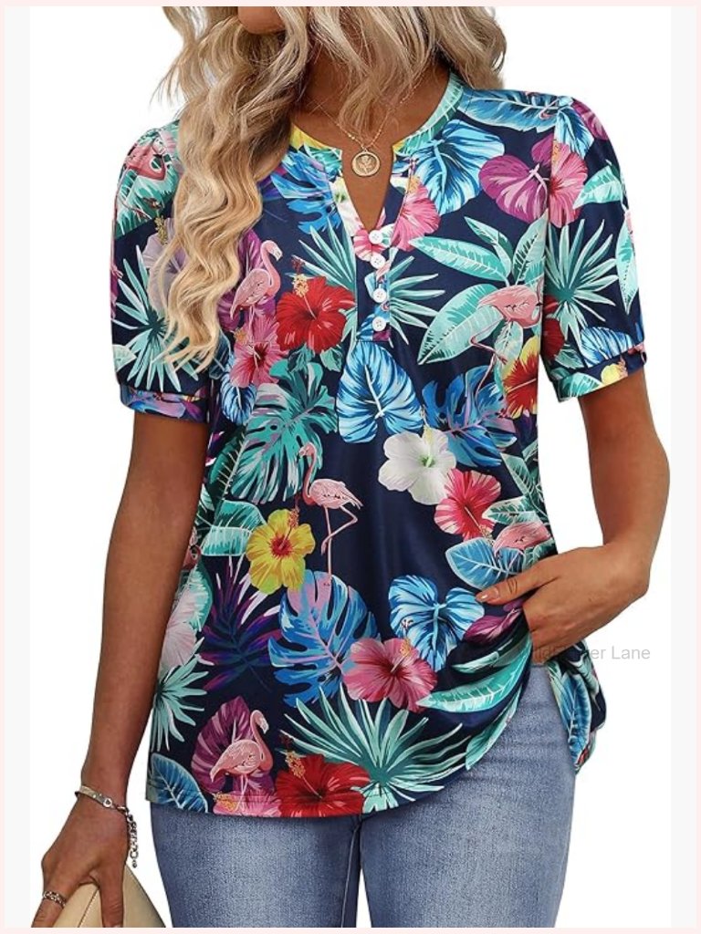 Women Button Front V Neck Puff Sleeve Hawaiian Blouse